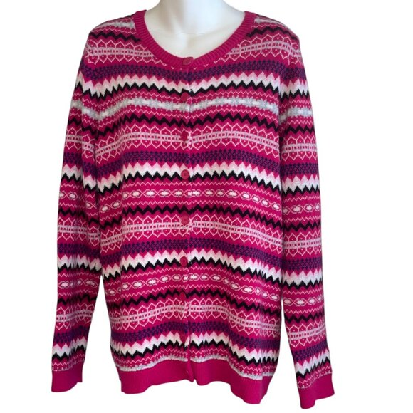 Talbots Pink Fair Isle Cardigan Sweater Size 1X Button Front Holiday Classic - Picture 9 of 9